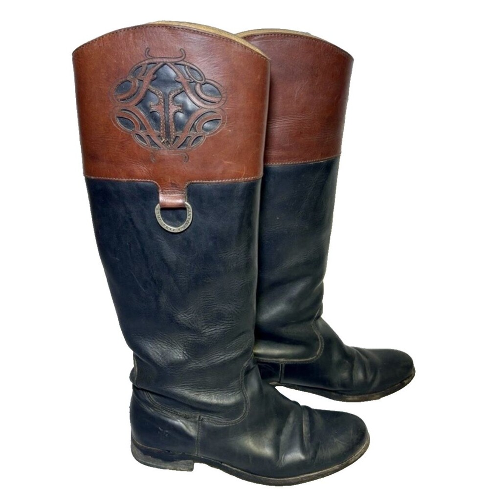 Frye Melissa Logo Black & Brown Leather Knee High Boots 76436 Women's 8